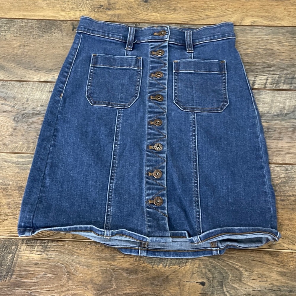 J.Crew Stretch Denim Mini Skirt Button Front Dark Blue Size 00 Boho Festival